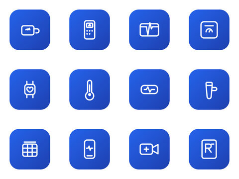 Telehealth device icon set. Bp monitor, glucometer, pulse oximeter, smart scale, wearable, digital thermometer and more editable vector flat gradient icons.