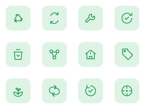 Circular economy icon set. Recycle loop, reuse, repair, refurbish, reduce, share economy and more editable vector duotone icons.