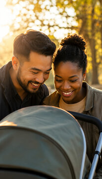 Young couple admiring their baby in a stroller outdoors