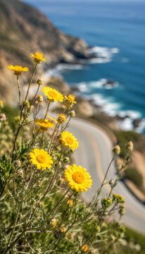 Vibrant yellow flowers blooming by the ocean coastline