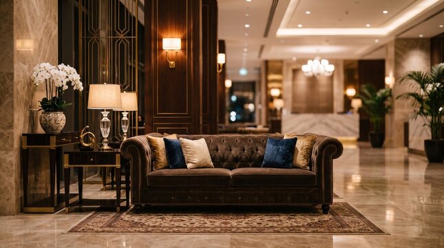Luxurious hotel lobby interior with elegant bokeh lighting, premium hospitality setting, ideal design mockup backdrop