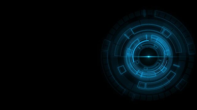 Futuristic blue radar circle visual with layered ring interface, central light flare, and wide black empty space. Perfect for technology videos, target screens, cyber titles, software promos,   