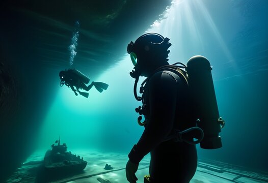 Scuba divers exploring deep blue ocean under sunbeams, adventure background
