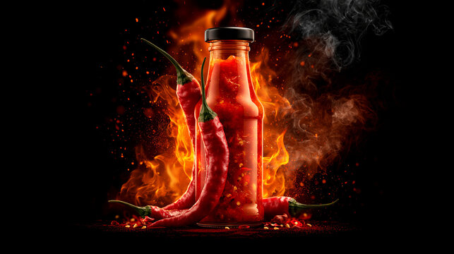 Fiery hot sauce bottle with chili peppers and flames. Perfect for food advertising and spicy concepts.