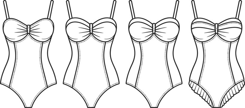 Women's Bustier One Piece Swimsuit Collection Technical Fashion Flat Sketch Set Vector Beachwear Apparel Illustration Design Template Style