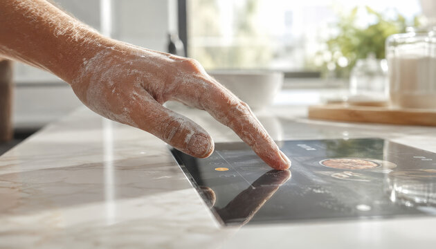 Close-up of hand using touch screen in modern kitchen