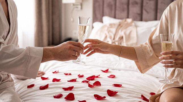Close medium view of intertwined hands of a romantic couple relaxing in a luxury honeymoon suite. Champagne and elegant hotel bedding create a warm atmosphere of love, comfort, and premium travel.