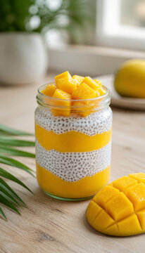 Delicious mango chia pudding layered in a glass jar
