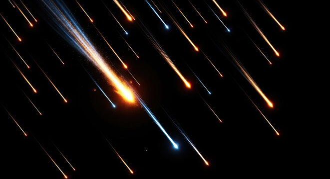 A dark background displays a dynamic streak of light trails, resembling a meteor shower.