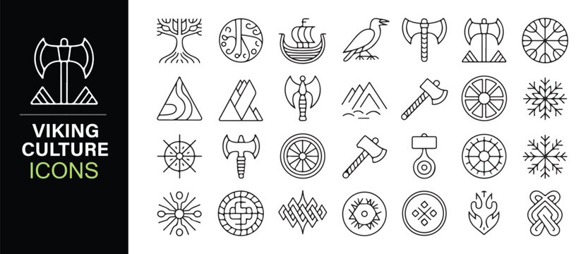 Editable Stroke Viking Line Art Icon Bundle with Mjolnir Valknut and Raven Symbols