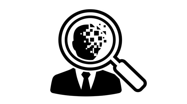 A black and white icon depicting a person's head being analyzed by a magnifying glass, with parts of the head pixelated, symbolizing data privacy, identity analysis, or digital information.