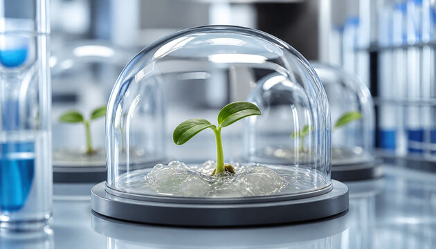 Young plant under glass dome in laboratory setting with blue liquids