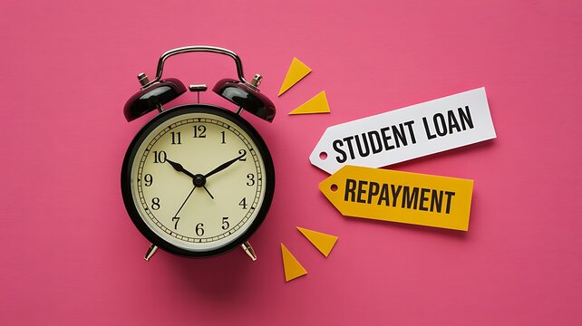 Student loan repayment concept with alarm clock on colorful background