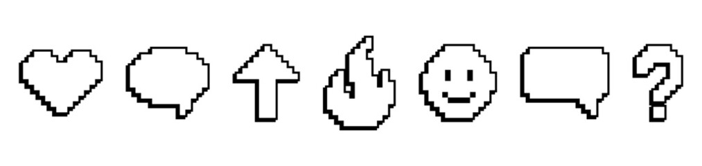 Fototapeta premium Set of pixel art icons including question mark, heart, chat, speech bubble, fire flame, and smiley face. Retro 8 bit style symbols for social media and game UI design. Vector icons.