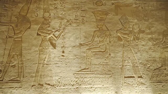 4k footage of Interior view of the famous abu simble temple that is decorated with gods figures and hieroglyphs in aswan in Egypt. 