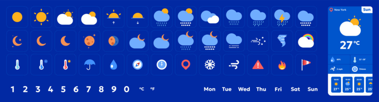 Weather forecast icons: sun, clouds, rain, snow, wind, temperature, moon phases