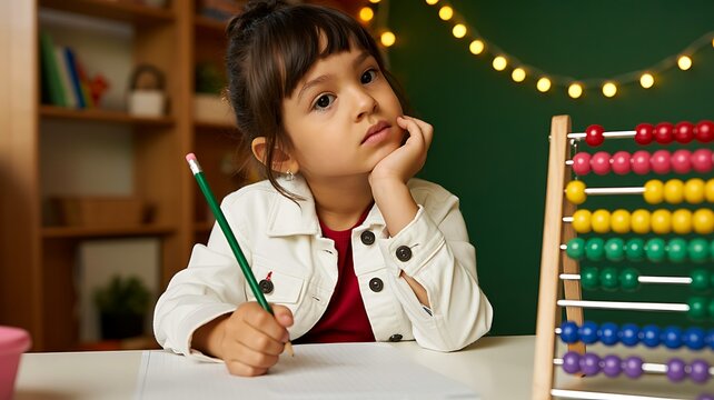 Thoughtful schoolgirl studying mathematics with colorful abacus in classroom