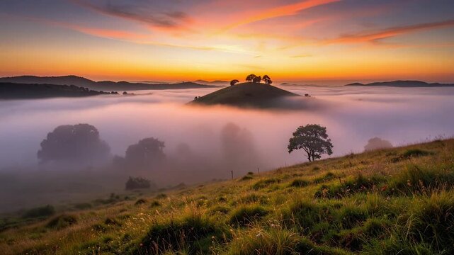 Hilltop mist timelapse fog swirling continuously with light revealing distant rolling hills