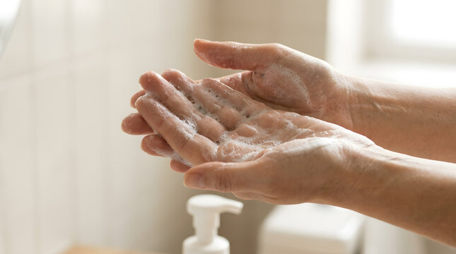 Close up of hands washing with white soapy foam in a bright bathroom