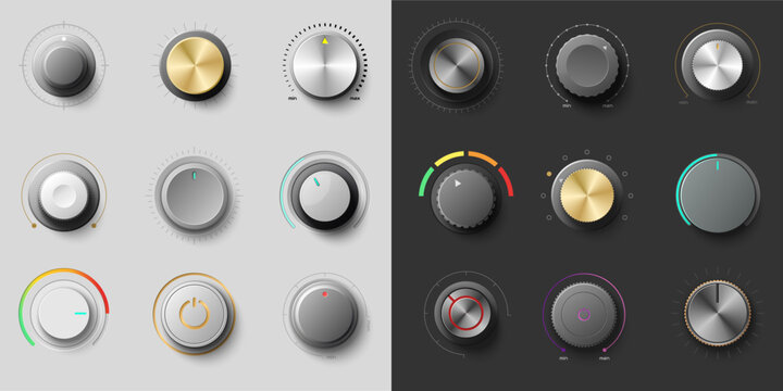 Collection of metallic control knobs on light and dark backgrounds