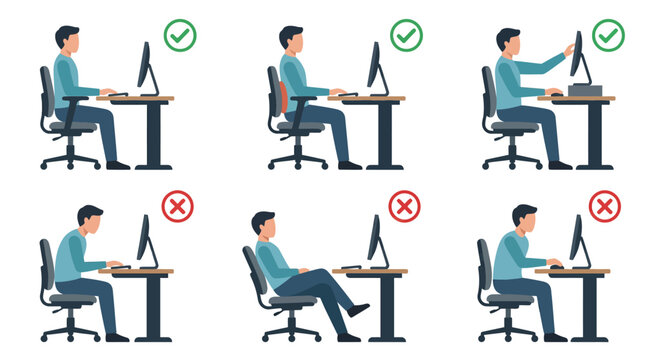 Correct and incorrect sitting posture ergonomics for office workers