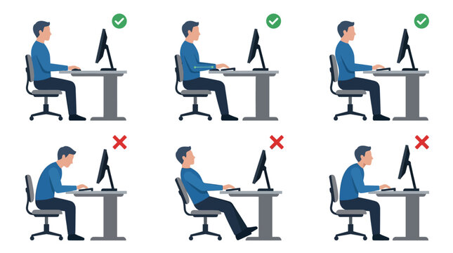 Correct and incorrect sitting positions for computer work ergonomics