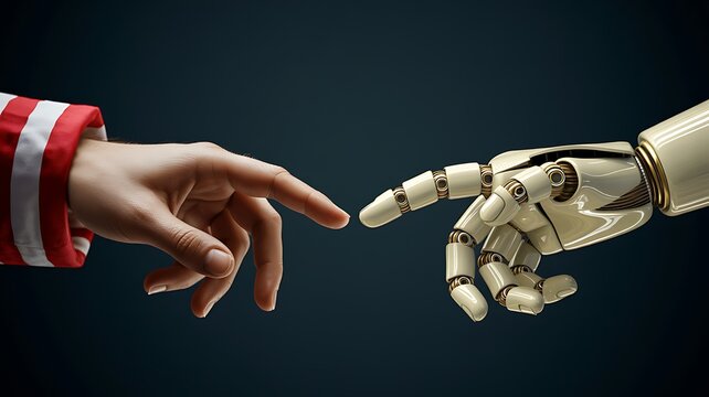 Human and robotic hands reaching toward each other with innovation concept