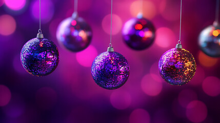 Obraz premium hanging purple Christmas ornaments with pink bokeh background