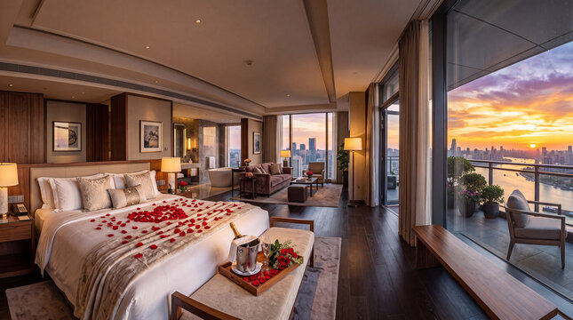 In the cozy bed of a luxurious romantic hotel room, champagne, fresh flowers, and scattered rose petals create a romantic ambiance for a special occasion or intimate getaway