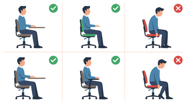 Illustration showing correct and incorrect sitting postures for office ergonomics