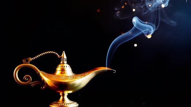 Magic oil lamp with glowing smoke on dark mystical background
