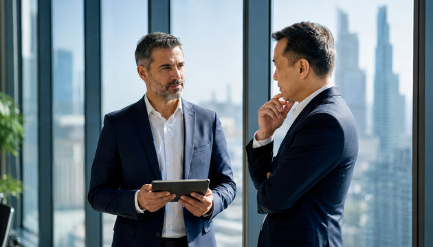 Two business professionals discussing ideas in modern office setting