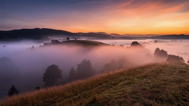 Hilltop mist timelapse fog swirling continuously with light revealing dramatic terrain gradually