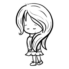 Isolated girl standing with eyes closed and subtle smile cartoon outline illustration
