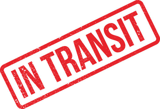 A red IN TRANSIT grunge rubber stamp highlighting the current shipping or delivery status of an item