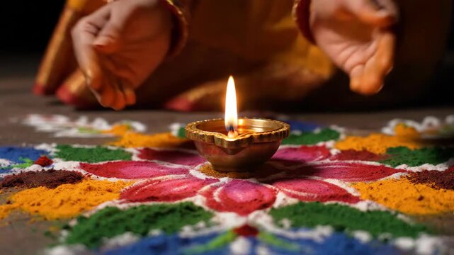 Woman hands holding lit diya over colorful Diwali rangoli