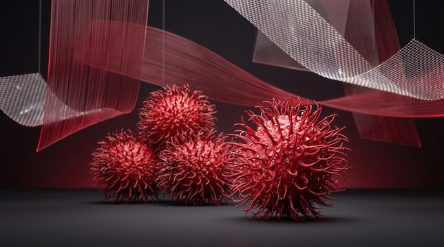 Abstract red spherical textured objects with suspended ribbon elements, abstract