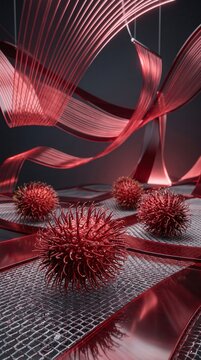 Abstract red spiky 3D spherical objects on a metallic grid platform