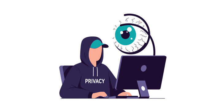 Digital Privacy and Online Surveillance Concept Illustration with Giant Eyeball Watching a User at a Computer