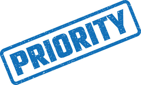 Blue rectangular stamp displaying the important word priority on a clean white surface highlighting immediate business focus and importance