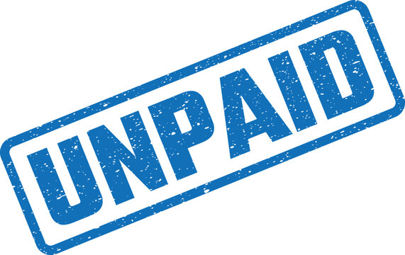 Blue rectangular stamp displaying the financial term unpaid on a clean white surface indicating an outstanding balance or overdue invoice