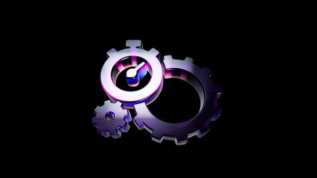 Shiny metal gear wheels with a clock icon symbol on a dark background 3D Icon