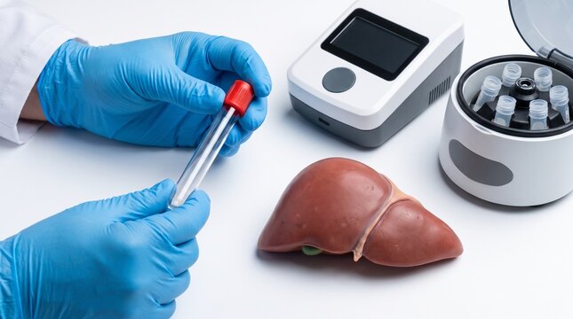 Medical professional holding a blood test vial with a model of a human liver and laboratory centrifuge equipment on a white background