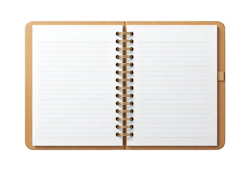 A brown spiral bound notebook with blank white pages isolated on transparent background