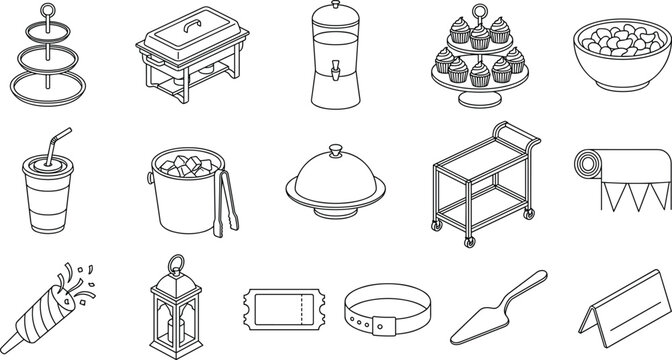 Catering and party equipment line art vector set with chafing dish, cupcakes, beverage dispenser, and service tools