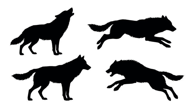 Four wolf silhouettes in various poses including howling running and standing against a white background