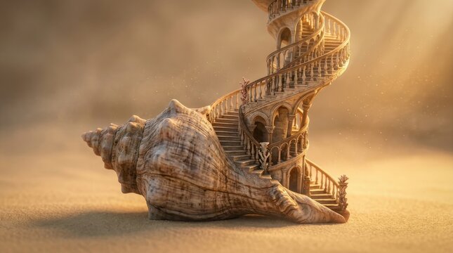 Spiral staircase inside a seashell on sand