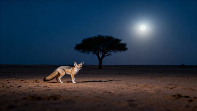 A fennec fox stands in a desert landscape under a bright moonlight with a solitary tree in the background.
