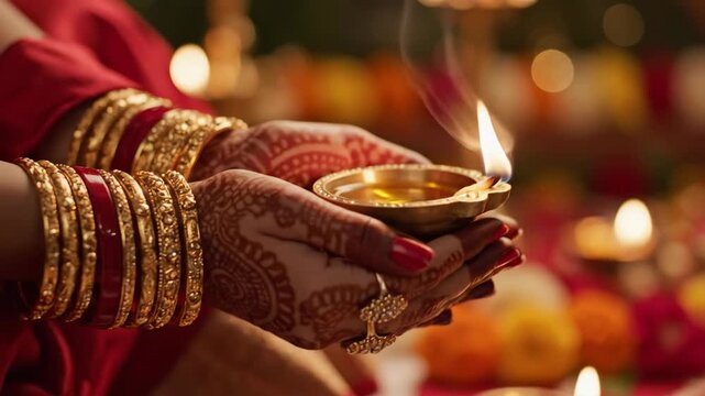 Woman holding lit oil lamp with henna painted hands.