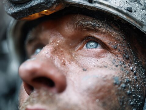 Close-up portrait of a dirty soldier wearing tactical military headwear